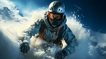 Snowmobile, winter sport, driving in the snow. Ai Generated. photo