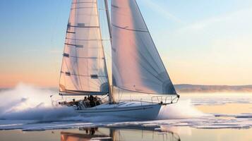 Sailing, winter sports boat on the snow sea. Ai Generated. photo