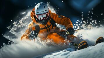 Alpine skiing sliding down snow-covered slopes on skis with fixed-heel bindings. Ai Generated. photo