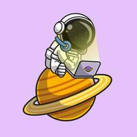 Cute Astronaut Playing Laptop On Planet Cartoon Vector Icon Illustration. Science Technology Icon Concept Isolated Premium Vector. Flat Cartoon Style