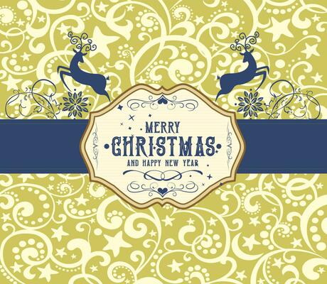 Christmas card, design dark blue retro raindeer and abstract ornaments christmas with gold background