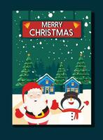 Christmas card. Santa and the snowman happily welcome Christmas to come in front of the house with a snowing forest background vector