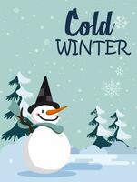 winter card template. snowman happy on cold winter with snowdrops in the park vector