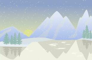 Winter scenery from sunset on frozen alps mountains background. Vector concept, christmas.