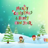 Cute christmas and new year card while childrens play on outdoor with santa look for away to give the gift. vector