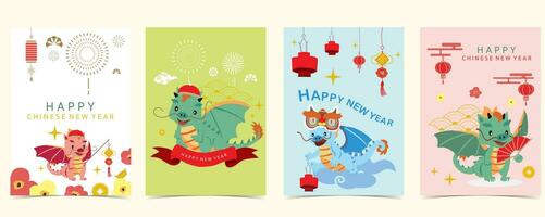 cute Chinese New Year background with lantern,dragon.Editable vector illustration for kid postcard,a4 size