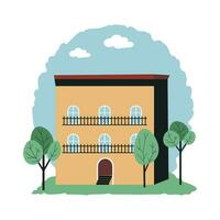 Urban space building with pitched roof green trees around. European house. Vector illustration in flat style