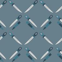 Seamless pattern with weapons on a dark gray background. Sharp blade and sheath. Vector illustration