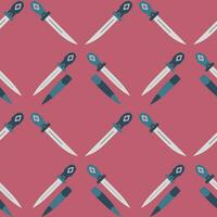 Vector seamless pattern of metallic historical dagger on a pink background. Pattern with melee weapons. Minimalistic pattern with poniard