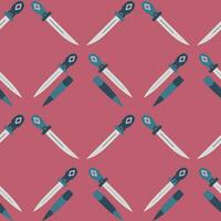 Vector seamless pattern of metallic historical dagger on a pink background. Pattern with melee weapons. Minimalistic pattern with poniard