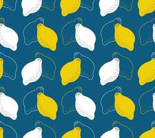 Seamless pattern of yellow and white lemons. Painted and contoured citrus. Fruit pattern on a dark blue background. Vector illustration