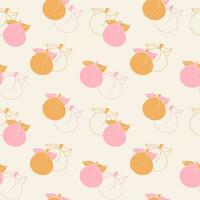 Seamless pattern of pink peaches and orange apricots on a light background. Filled and contoured fruits. Vector illustration