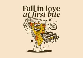 Fall in love at first bite. Character of pizza holding a box pizza vector