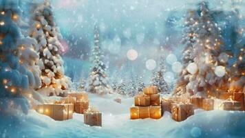 fuera de nieve En todas partes Navidad pino árbol y regalo caja ai generativo video