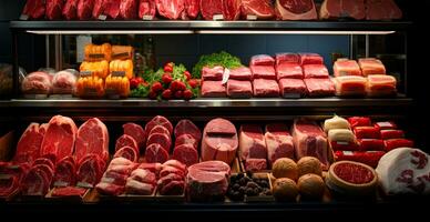 tienda ventana para rojo crudo carne, carne de res, cerdo, pollo. dieta alimento. carne supermercado - ai generado imagen foto