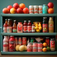 tienda de comestibles almacenar, Fruta encimera, jugo bebidas de cerca - ai generado imagen foto