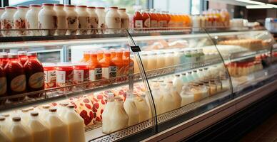 Milk, kefir, dairy products in a store, refrigerated display case in a supermarket - AI generated image photo