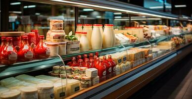 Dairy products, milk and cheese in a supermarket, food display - AI generated image photo