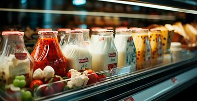 Dairy products, milk and cheese in a supermarket, food display - AI generated image photo