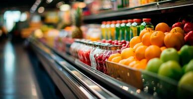 tienda de comestibles almacenar, Fruta encimera, jugo bebidas de cerca - ai generado imagen foto