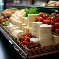 Dairy products, milk and cheese in a supermarket, food display - AI generated image photo