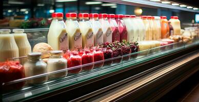 Milk, kefir, dairy products in a store, refrigerated display case in a supermarket - AI generated image photo