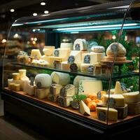 Dairy products, milk and cheese in a supermarket, food display - AI generated image photo