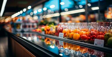 Grocery store, fruit counter, juice drinks close-up - AI generated image photo