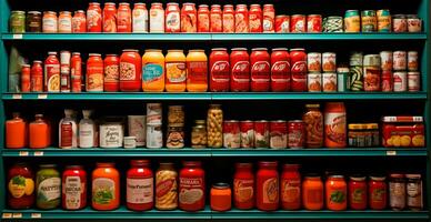 Grocery store, fruit counter, drinks, juices, jams on display in a supermarket - AI generated image photo