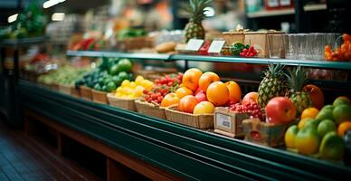 tienda de comestibles almacenar, Fruta encimera, jugo bebidas de cerca - ai generado imagen foto