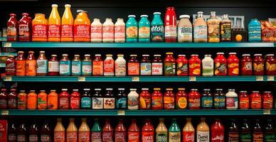 Grocery store, fruit counter, drinks, juices, jams on display in a supermarket - AI generated image photo