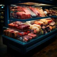 Fresco carne productos, carne de res, Cerdo en el refrigerador en monitor en un supermercado, sano comiendo - ai generado imagen foto