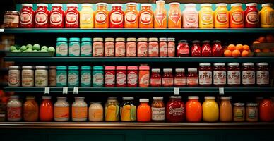 tienda de comestibles almacenar, Fruta encimera, bebidas, jugos, Enjambres en monitor en un supermercado - ai generado imagen foto