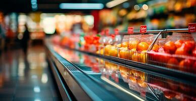 Grocery store, fruit counter, juice drinks close-up - AI generated image photo