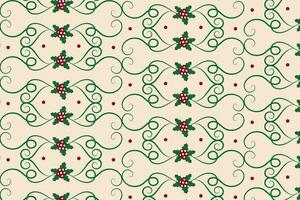 Christmas flourishes swirls holly leaves Seamless Pattern, winter vibes berry leaf modern Christmas pattern, holiday green ornate Christmas pattern, wrapping paper holiday holly printing fabric vector