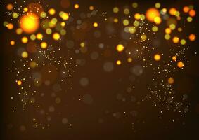 Christmas golden lights with glitter. Vector illustraion abstract background of bright glowing bokeh on dark brown background.