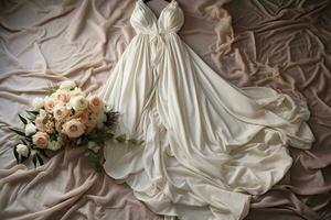 Elegant wedding dress lies on bed. Wedding concept. Generated by artificial intelligence photo