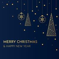 Luxury gold Merry Christmas, New Year greeting card on blue background. Geometric Christmas tree, snowflake, star vector illustrations for background, party invitation, website banner