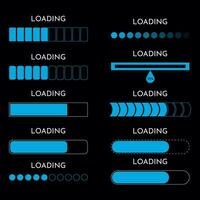 Set loading on monitor technology concept design. HUD loading process and status bars, vector interface icons. Blue elements, black background. HUD loading bars on digital screen, dashboard panel UI