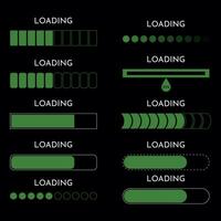 Set loading on monitor technology concept design. HUD loading process and status bars, vector interface icons. Green elements, black background. HUD loading bars on digital screen, dashboard panel UI