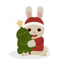 Vector cute Christmas bunny in a red sweater with a Christmas tree. the year of the rabbit. New Year.