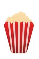 Popcorn highlighted on a white background. A light snack. A large red and white striped box. Vector illustration. Popcorn Day