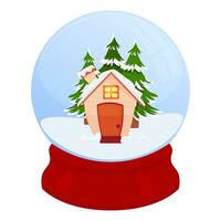 Christmas snow globe with a cute house, winter forest. Vector illustration. New Year's snow globe.