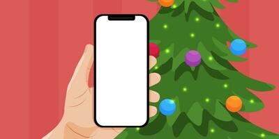 Celebrating Christmas and New Year online using a mobile phone. The hand holds a mobile phone with an empty screen, next to a Christmas tree. online video call, chat. Vector illustration.