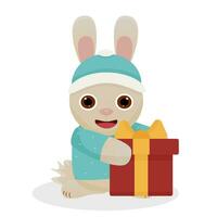 Vector cute New Year Rabbit dressed in a blue sweater holding a gift. New Year.