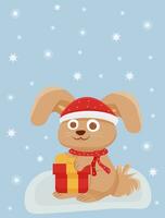 Postcard new year. Merry Christmas. Rabbit with a present. Vector