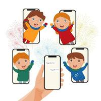 Friends wish each other a Merry Christmas and a Happy New Year. Video call. Talk on the phone. Vector illustration . Christmas holidays. Use the phone