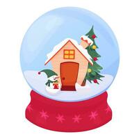 Christmas snow globe with cute house, Christmas tree, snowman. Vector illustration. New Year's snow globe.