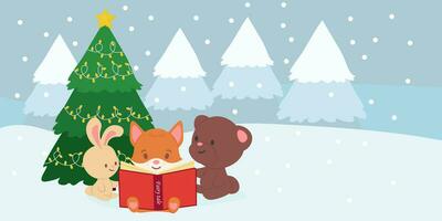bosque animales leer libro acerca de Navidad hada cuentos. vector ilustración. linda zorro leer libro en el invierno bosque, oso y Conejo leer hada cuentos.
