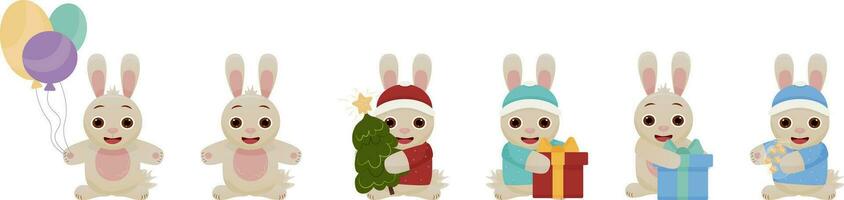 Set of vector images of cute rabbits. New Year's set with rabbits.  A hare with a Christmas tree, with gifts, with toys.